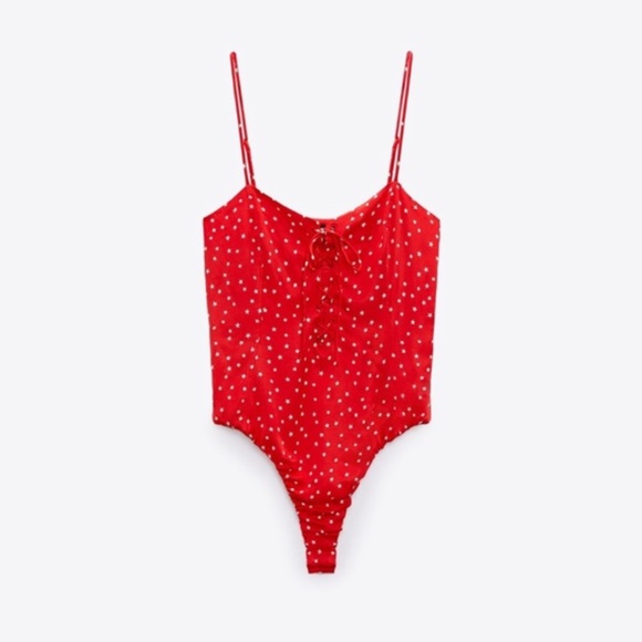 NWT Zara Red & White Star Print Satin Lace Up Bodysuit - Picture 3 of 13